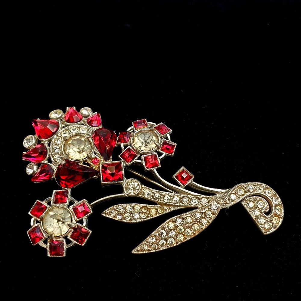 Vintage Flower Brooch Red Rhinestone Pot Metal Silver Tone Bouquet Pin Statement - Picture 3 of 6